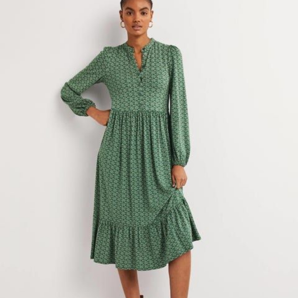 Boden Hunter Green Floral Midi Dress Size 2 Petite